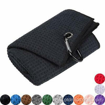 Triple fold microfiber waffle golf towel with hook